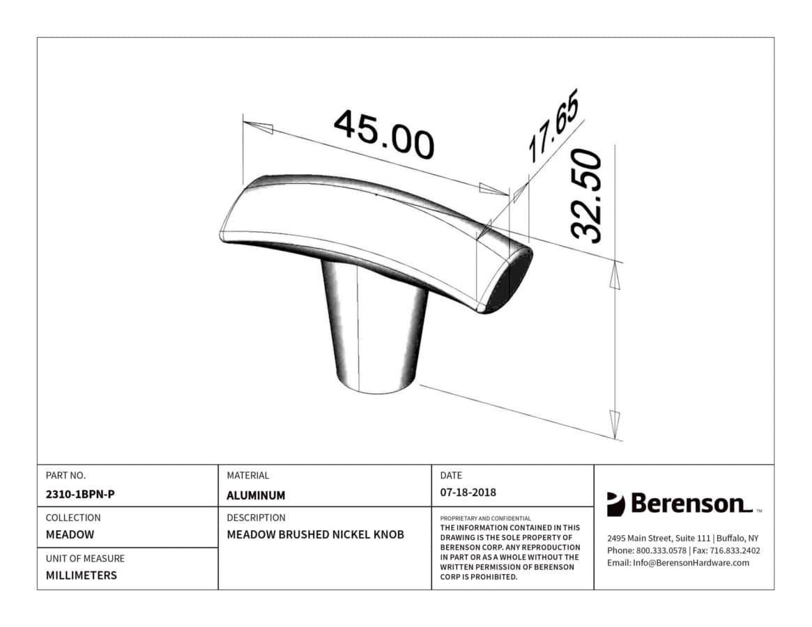 Berenson Meadow Brushed Nickel 1-3/4" (44 mm) L x 11/16" (17 mm) W Knob, 2310-1BPN-P