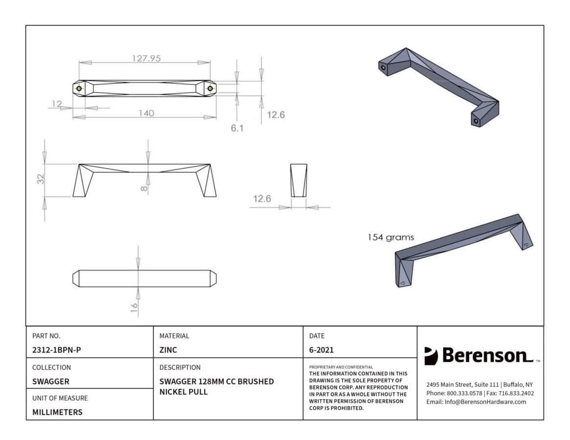 Berenson Swagger 5-1/16" (128 mm) Center to Center Brushed Nickel Pull, 2312-1BPN-P