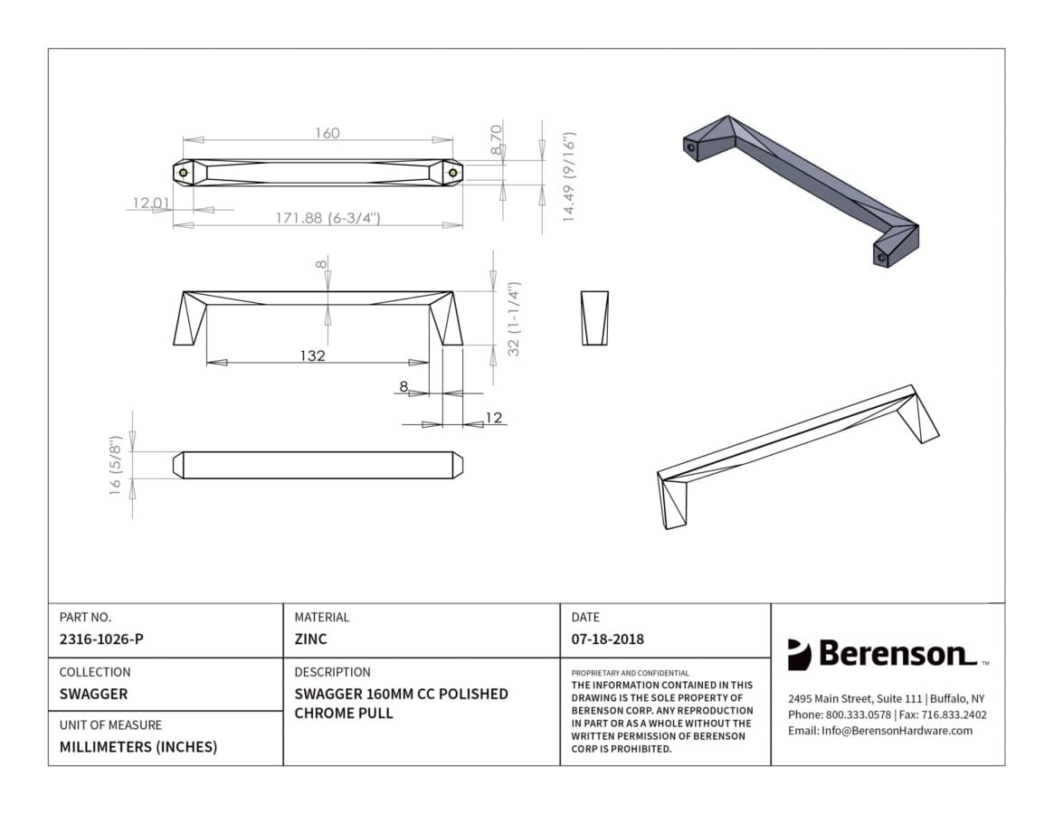 Berenson Swagger 6-5/16" (160 mm) Center to Center Polished Chrome Pull, 2316-1026-P
