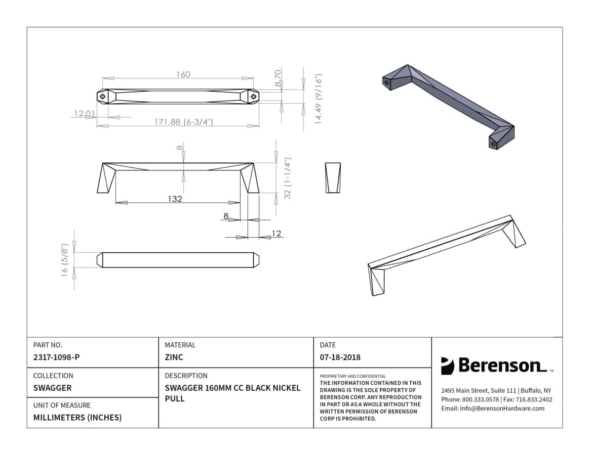 Berenson Swagger 6-5/16" (160 mm) Center to Center Black Nickel Pull, 2317-1098-P