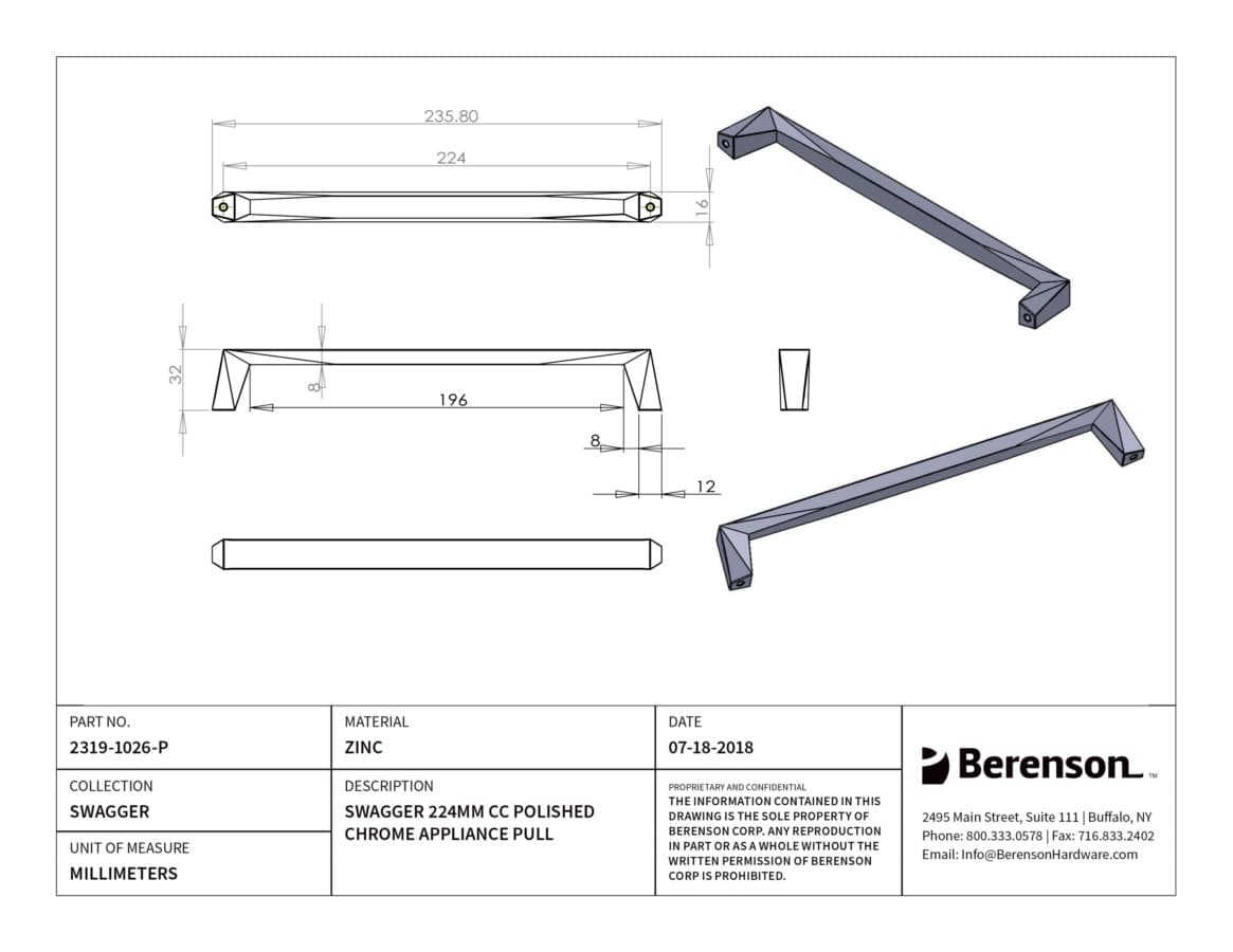 Berenson Swagger 8-13/16" (224 mm) Center to Center Polished Chrome Pull, 2319-1026-P