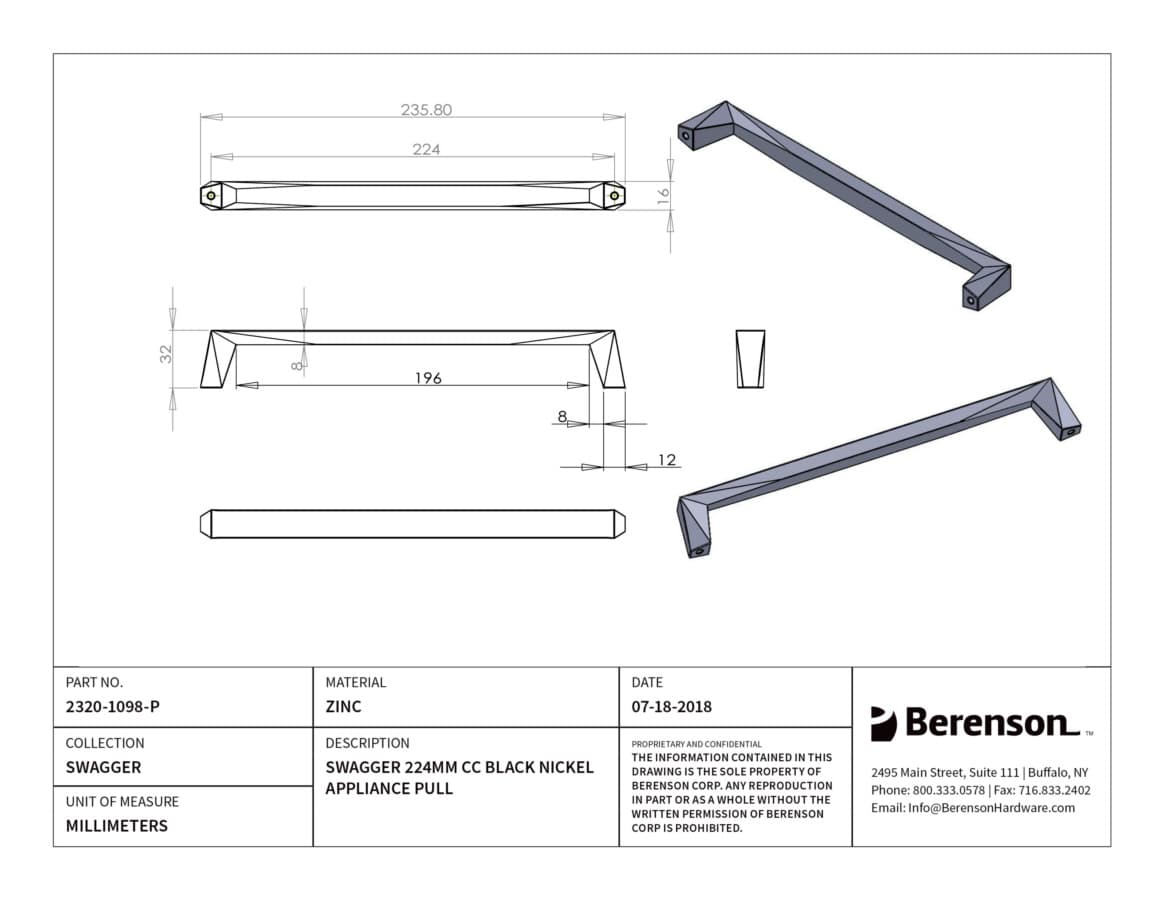 Berenson Swagger 8-13/16" (224 mm) Center to Center Black Nickel Pull, 2320-1098-P