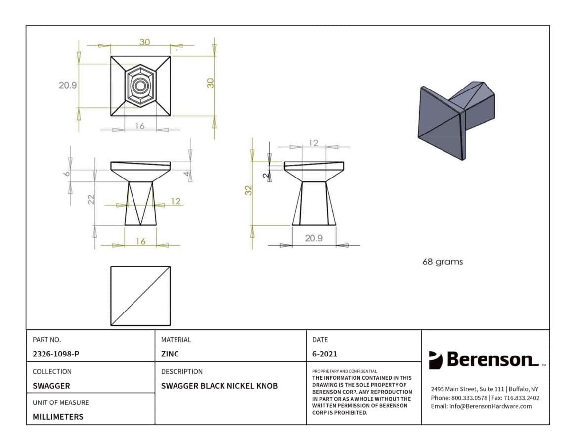 Berenson Swagger Black Nickel 1-3/16" (30 mm) L x 1-3/16" (30 mm) W Knob, 2326-1098-P