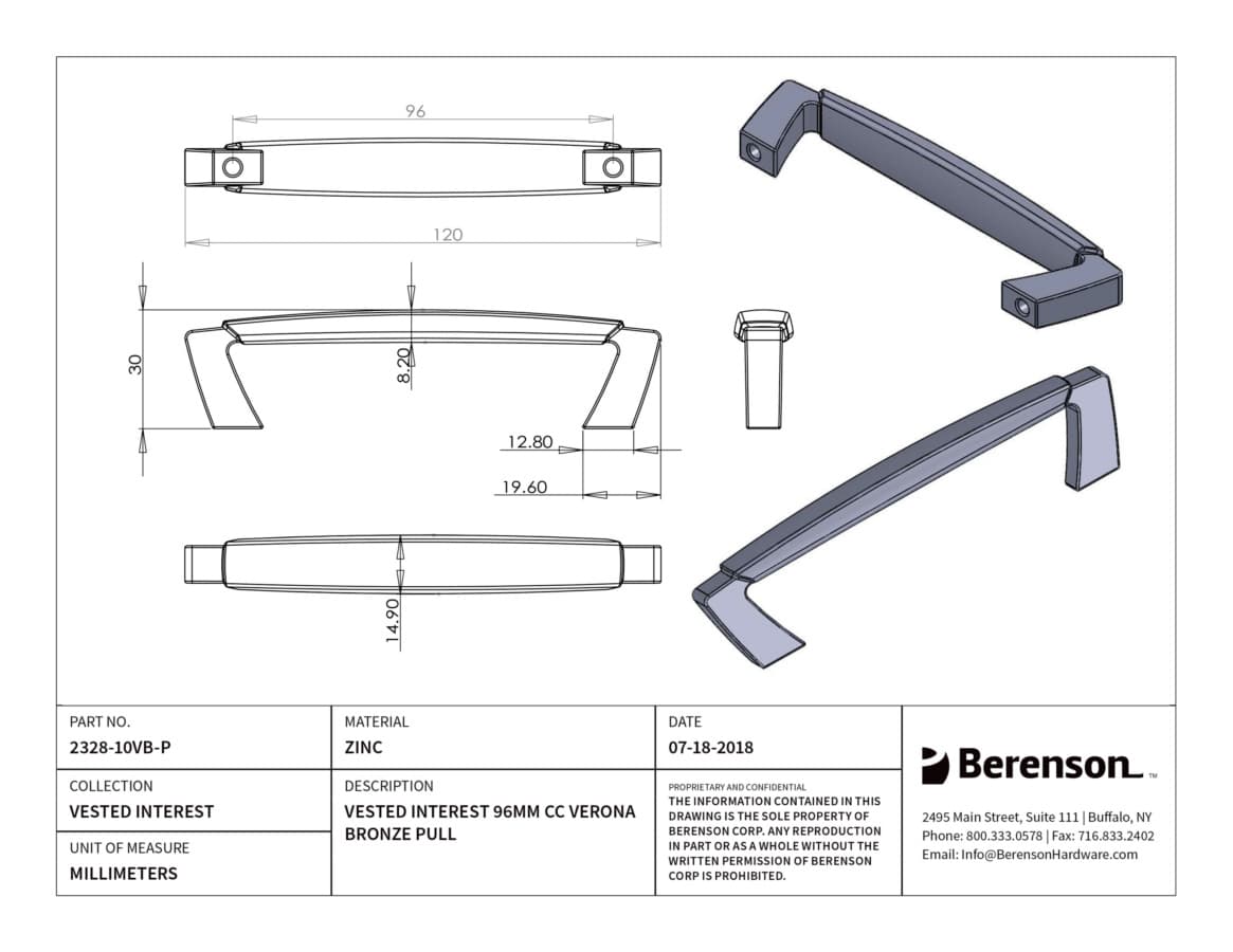 Berenson Vested Interest 3-3/4" (96 mm) Center to Center Verona Bronze Pull, 2328-10VB-P