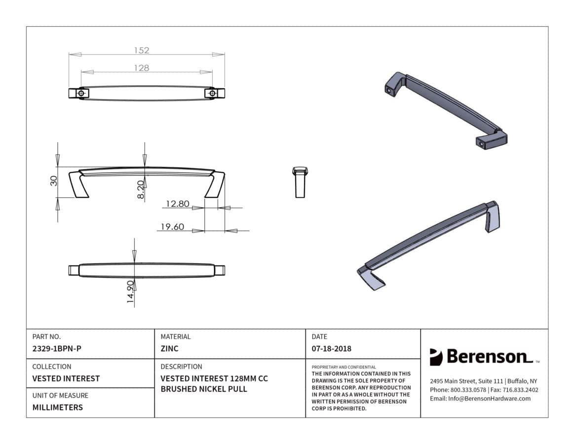 Berenson Vested Interest 5-1/16" (128 mm) Center to Center Brushed Nickel Pull, 2329-1BPN-P