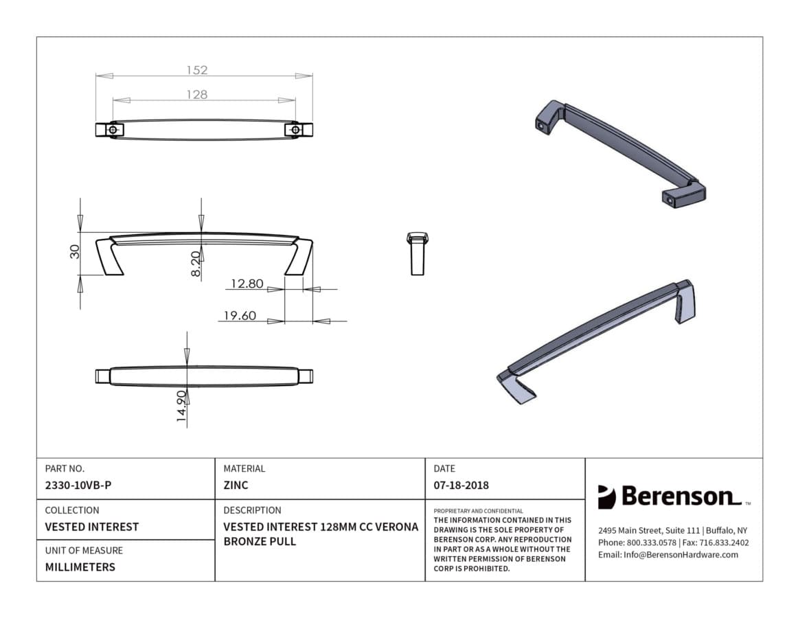 Berenson Vested Interest 5-1/16" (128 mm) Center to Center Verona Bronze Pull, 2330-10VB-P