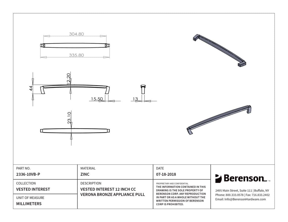 Berenson Vested Interest Verona Bronze 12" (305 mm) Center to Center Appliance Pull, 2336-10VB-P