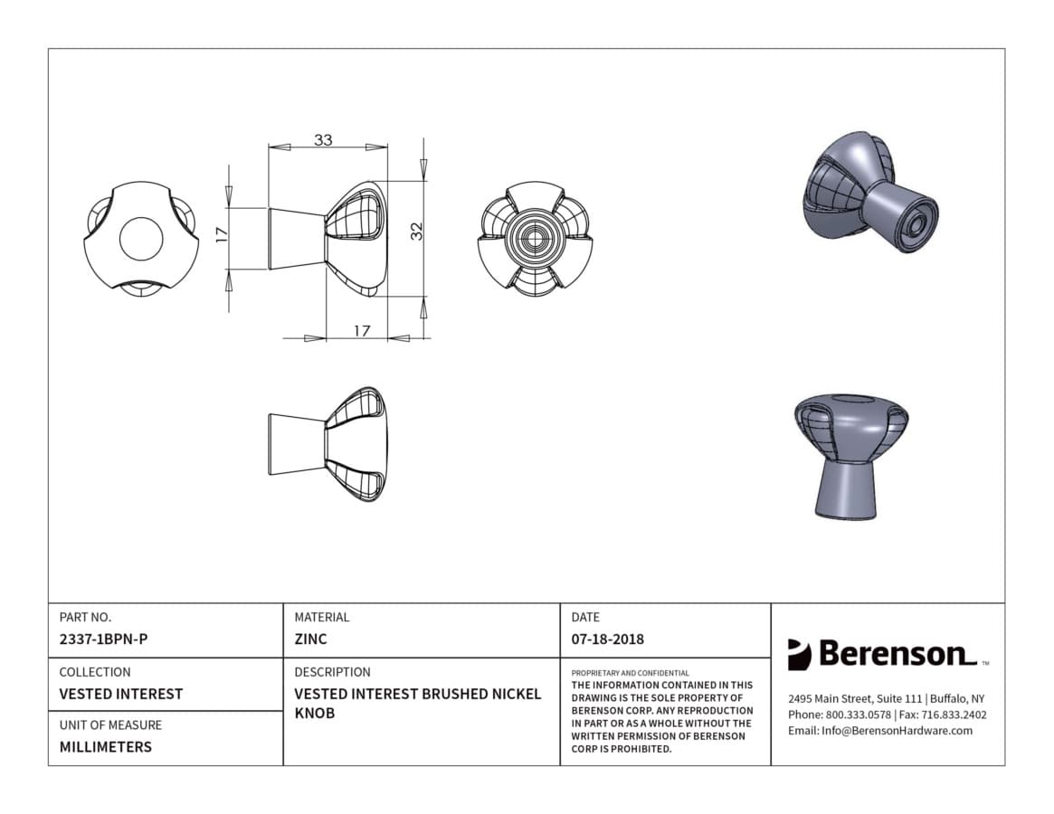 Berenson Vested Interest Brushed Nickel 1-1/4" (32 mm) Diameter Knob, 2337-1BPN-P