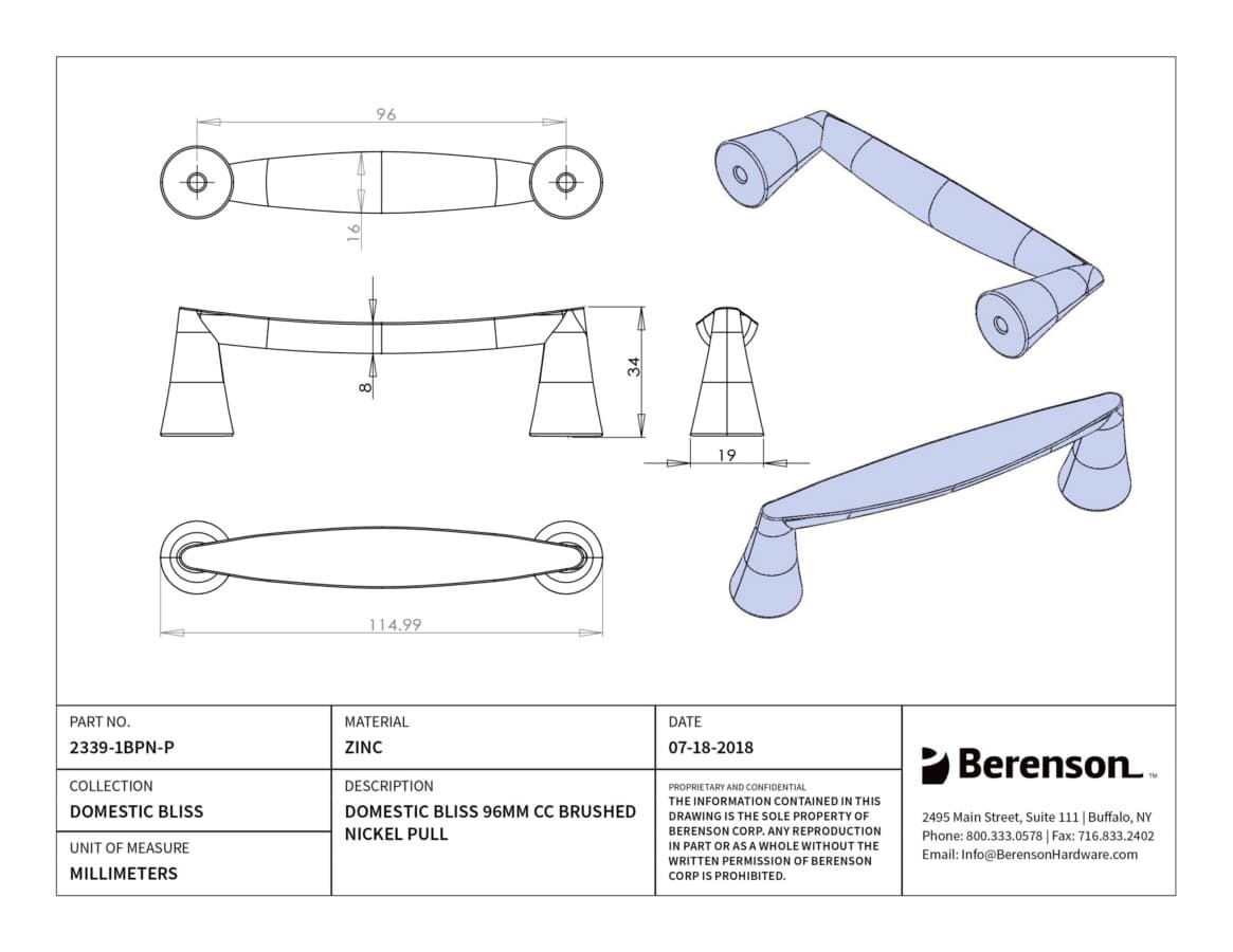 Berenson Domestic Bliss 3-3/4" (96 mm) Center to Center Brushed Nickel Pull, 2339-1BPN-P