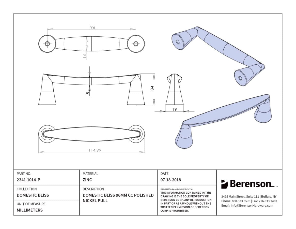 Berenson Domestic Bliss 3-3/4" (96 mm) Center to Center Polished Nickel Pull, 2341-1014-P
