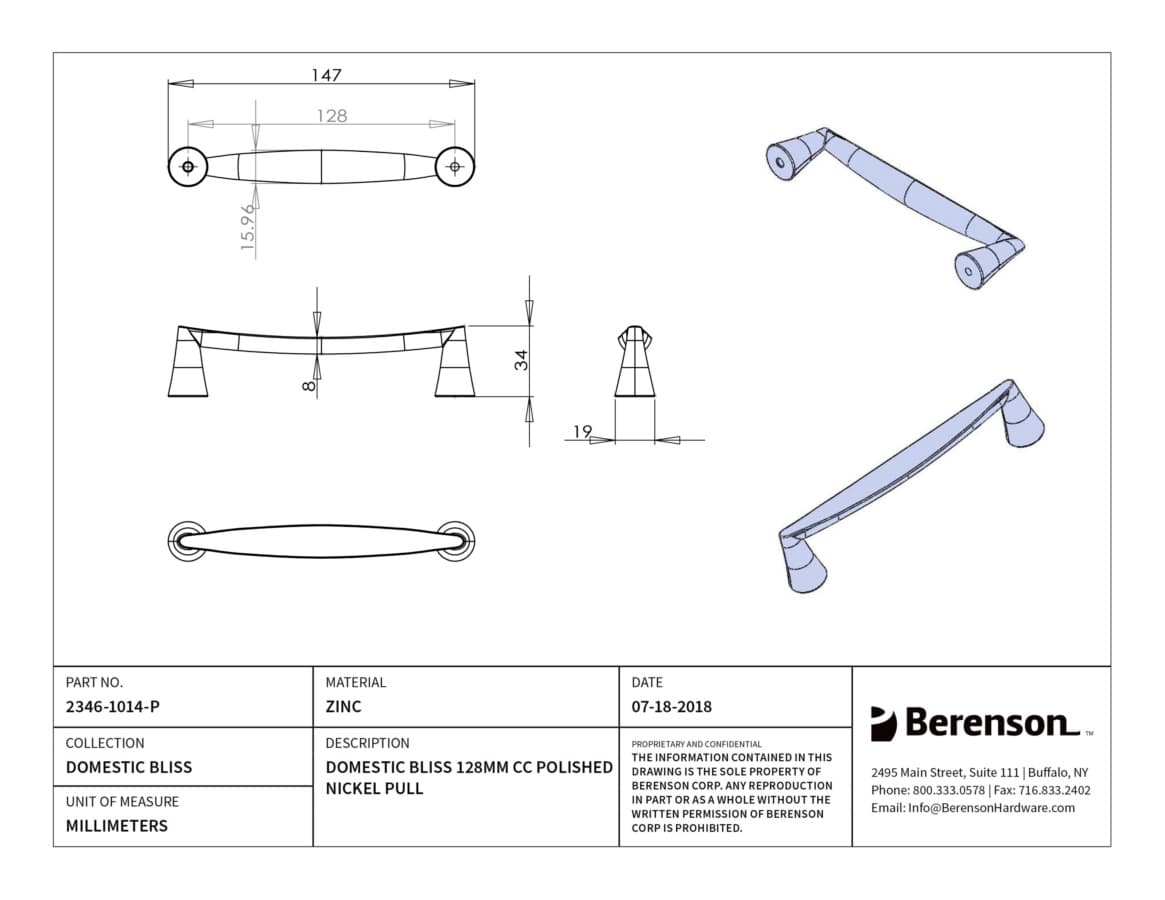 Berenson Domestic Bliss 5-1/16" (128 mm) Center to Center Polished Nickel Pull, 2346-1014-P