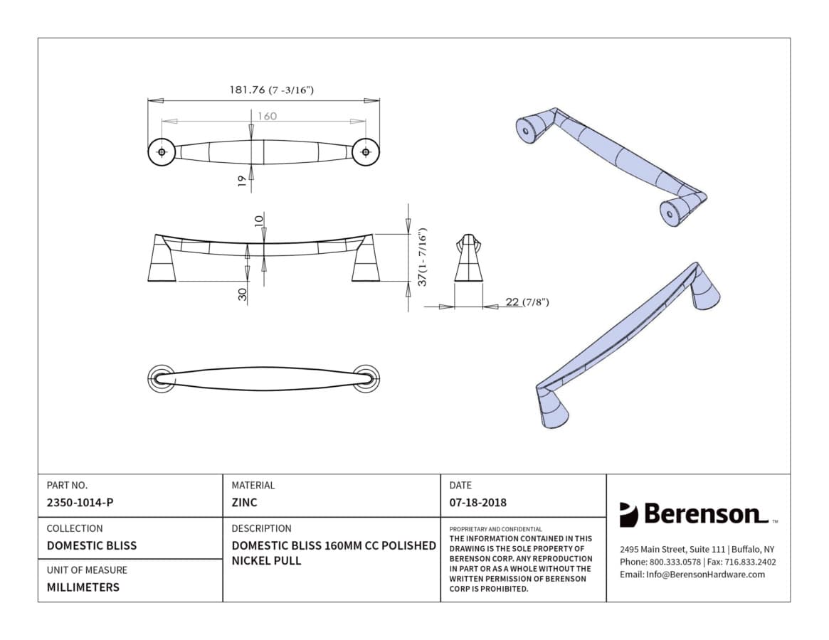 Berenson Domestic Bliss 6-5/16" (160 mm) Center to Center Polished Nickel Pull, 2350-1014-P