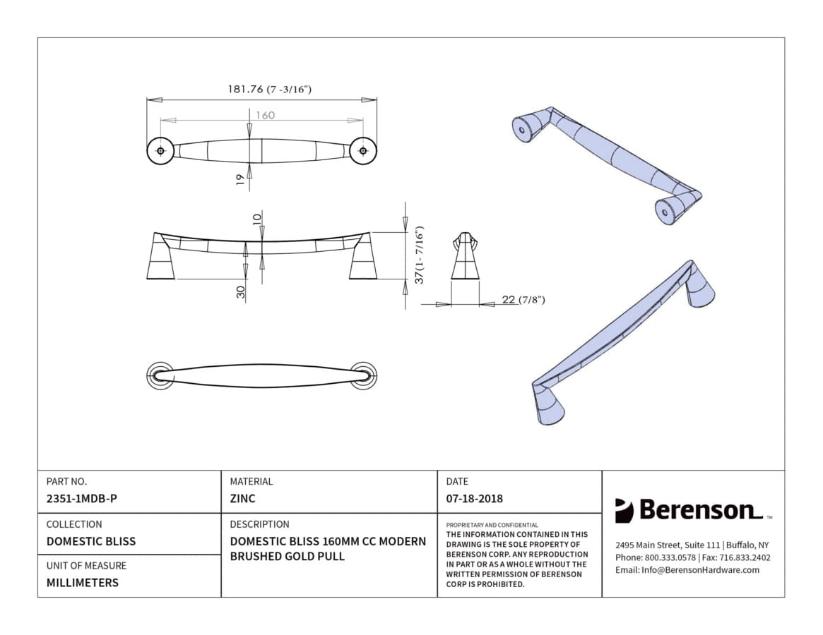 Berenson Domestic Bliss 6-5/16" (160 mm) Center to Center Modern Brushed Gold Pull, 2351-1MDB-P