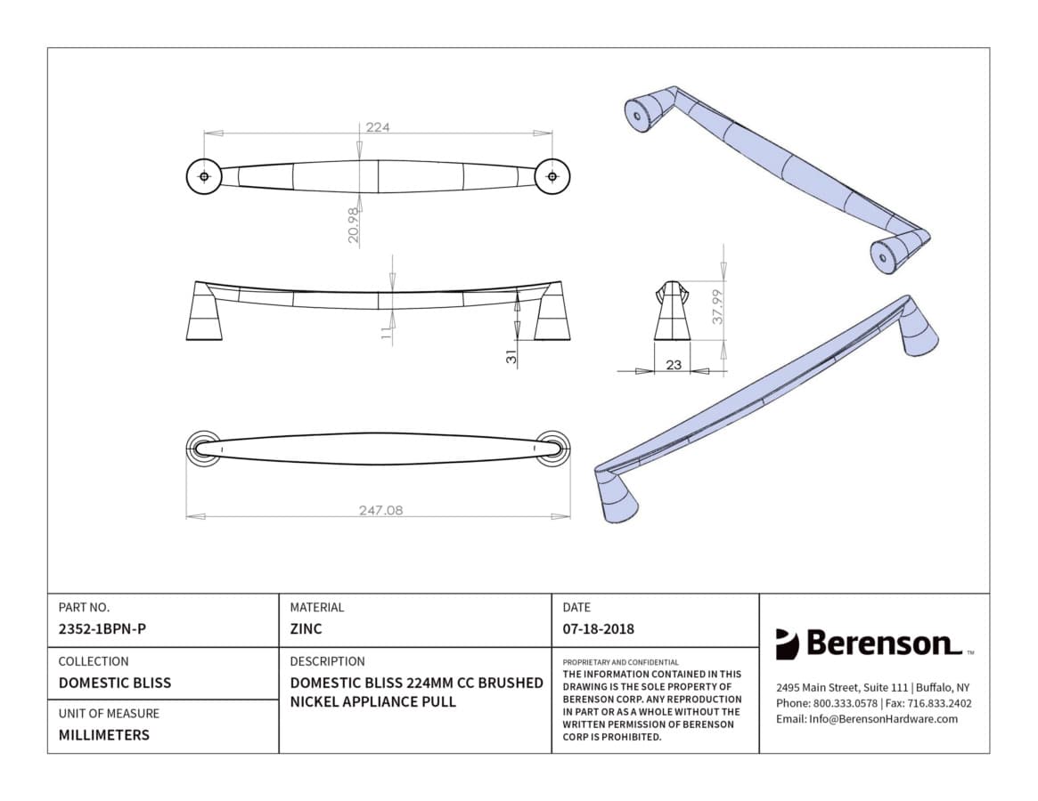 Berenson Domestic Bliss 8-13/16" (224 mm) Center to Center Brushed Nickel Pull, 2352-1BPN-P