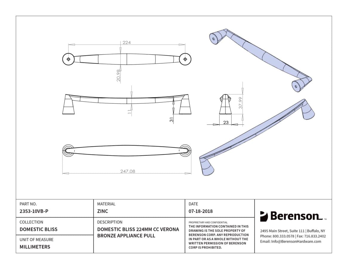 Berenson Domestic Bliss 8-13/16" (224 mm) Center to Center Verona Bronze Pull, 2353-10VB-P