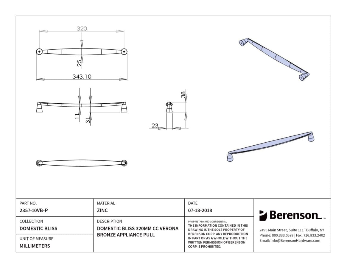 Berenson Domestic Bliss 12-5/8" (320 mm) Center to Center Verona Bronze Pull, 2357-10VB-P