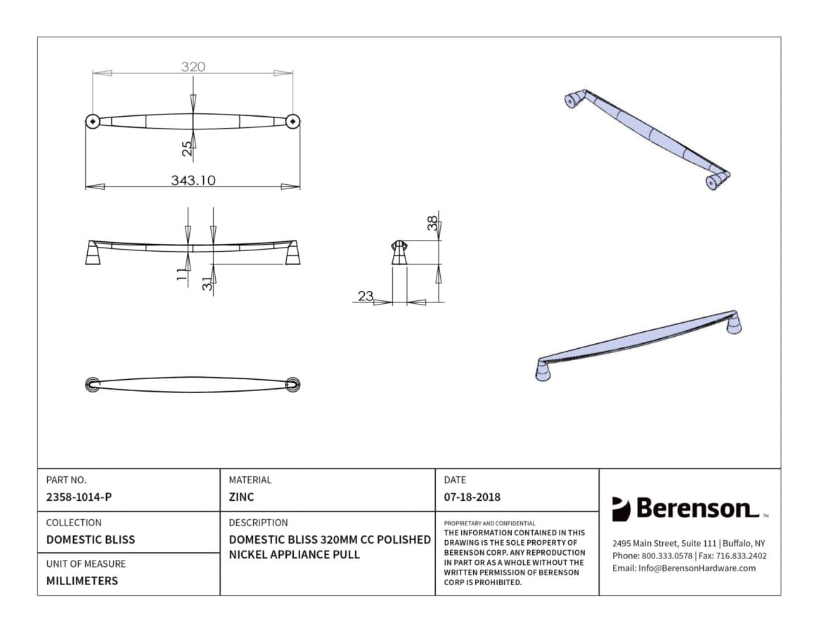 Berenson Domestic Bliss 12-5/8" (320 mm) Center to Center Polished Nickel Pull, 2358-1014-P