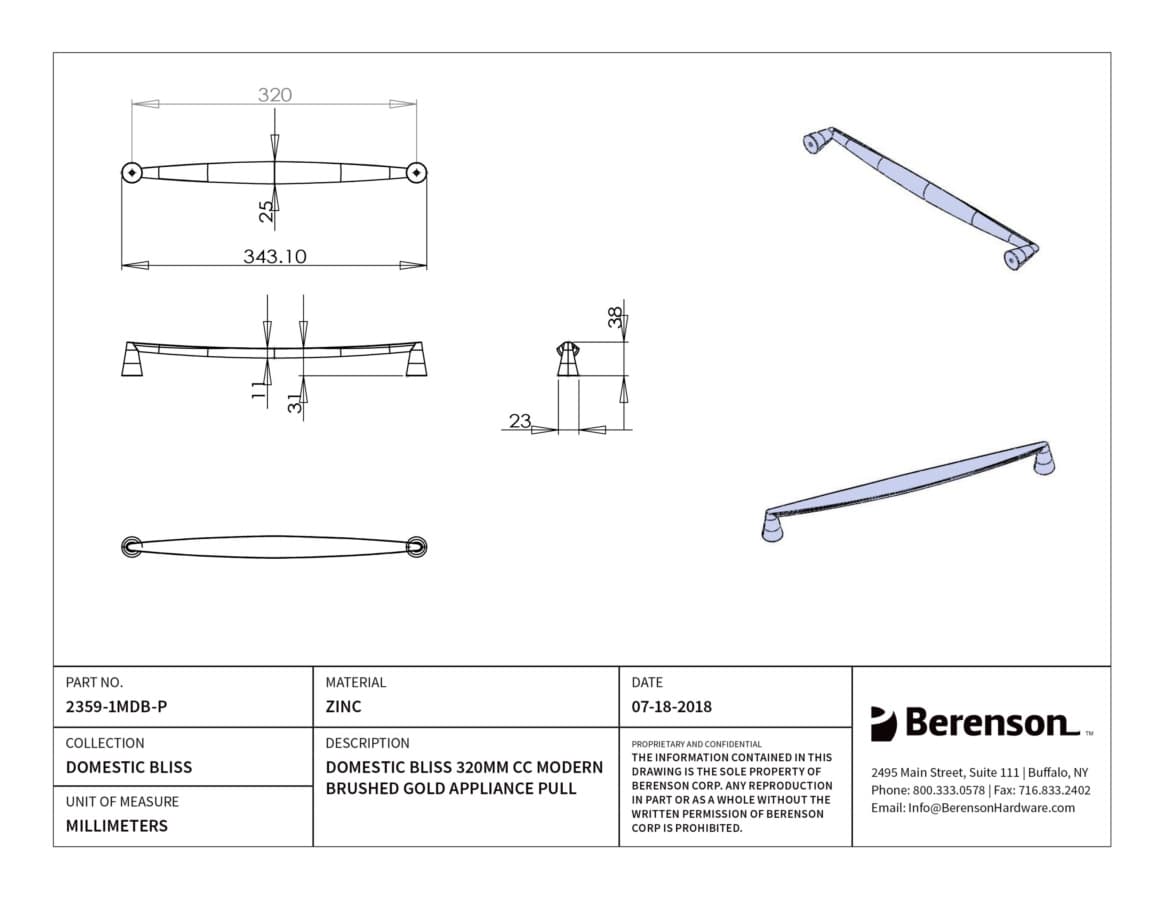 Berenson Domestic Bliss 12-5/8" (320 mm) Center to Center Modern Brushed Gold Pull, 2359-1MDB-P