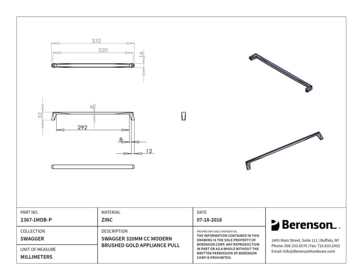 Berenson Swagger 12-5/8" (320 mm) Center to Center Modern Brushed Gold Pull, 2367-1MDB-P