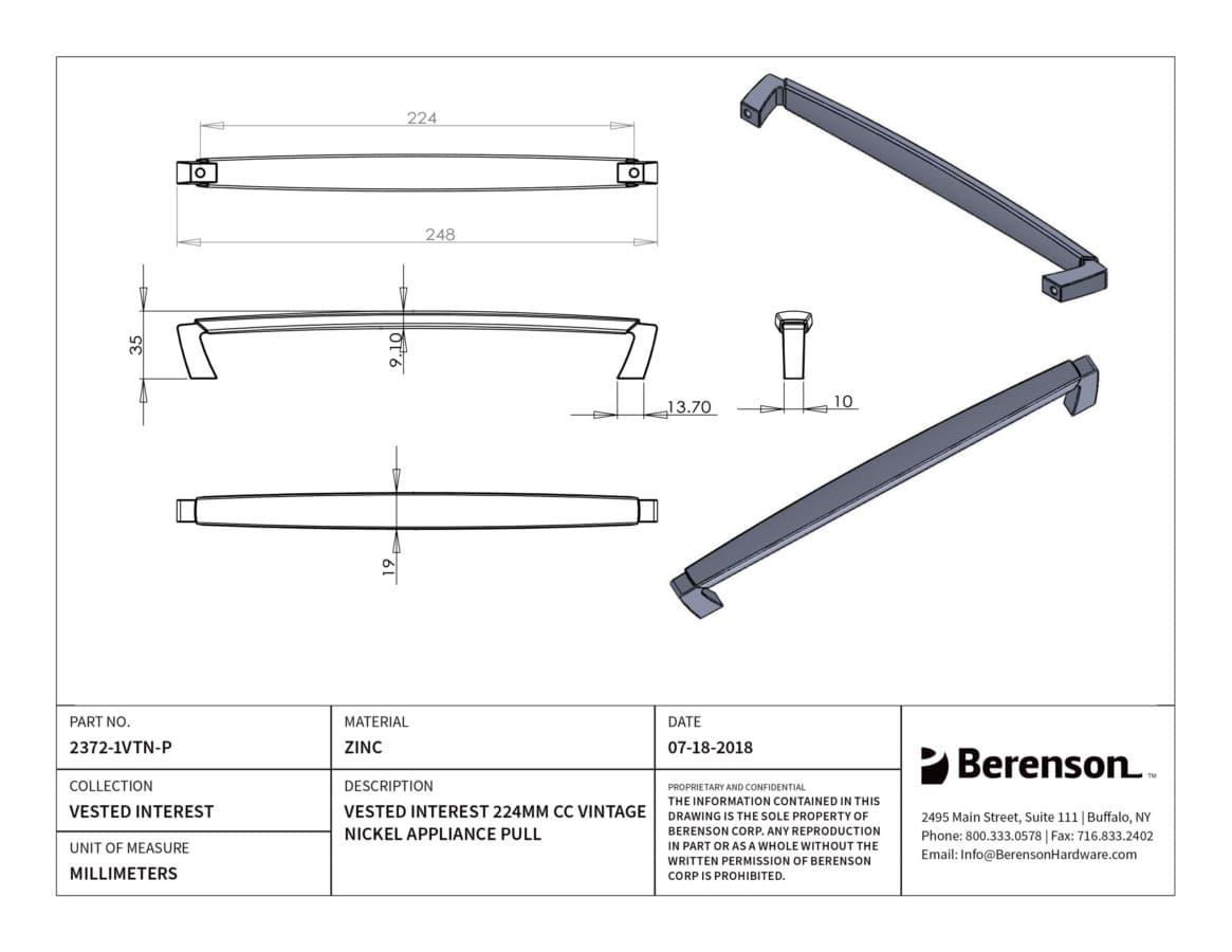 Berenson Vested Interest 8-13/16" (224 mm) Center to Center Vintage Nickel Pull, 2372-1VTN-P