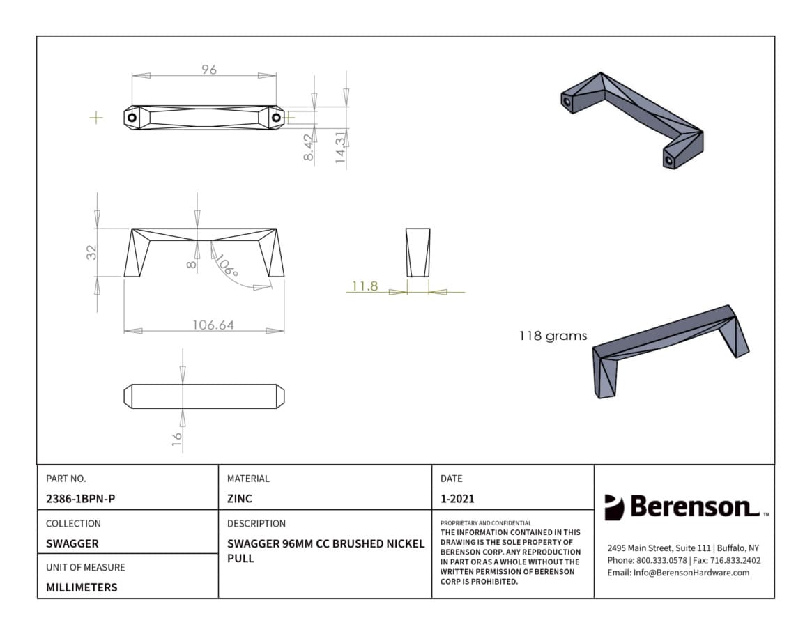 Berenson Swagger 3-3/4" (96 mm) Center to Center Brushed Nickel Pull, 2386-1BPN-P