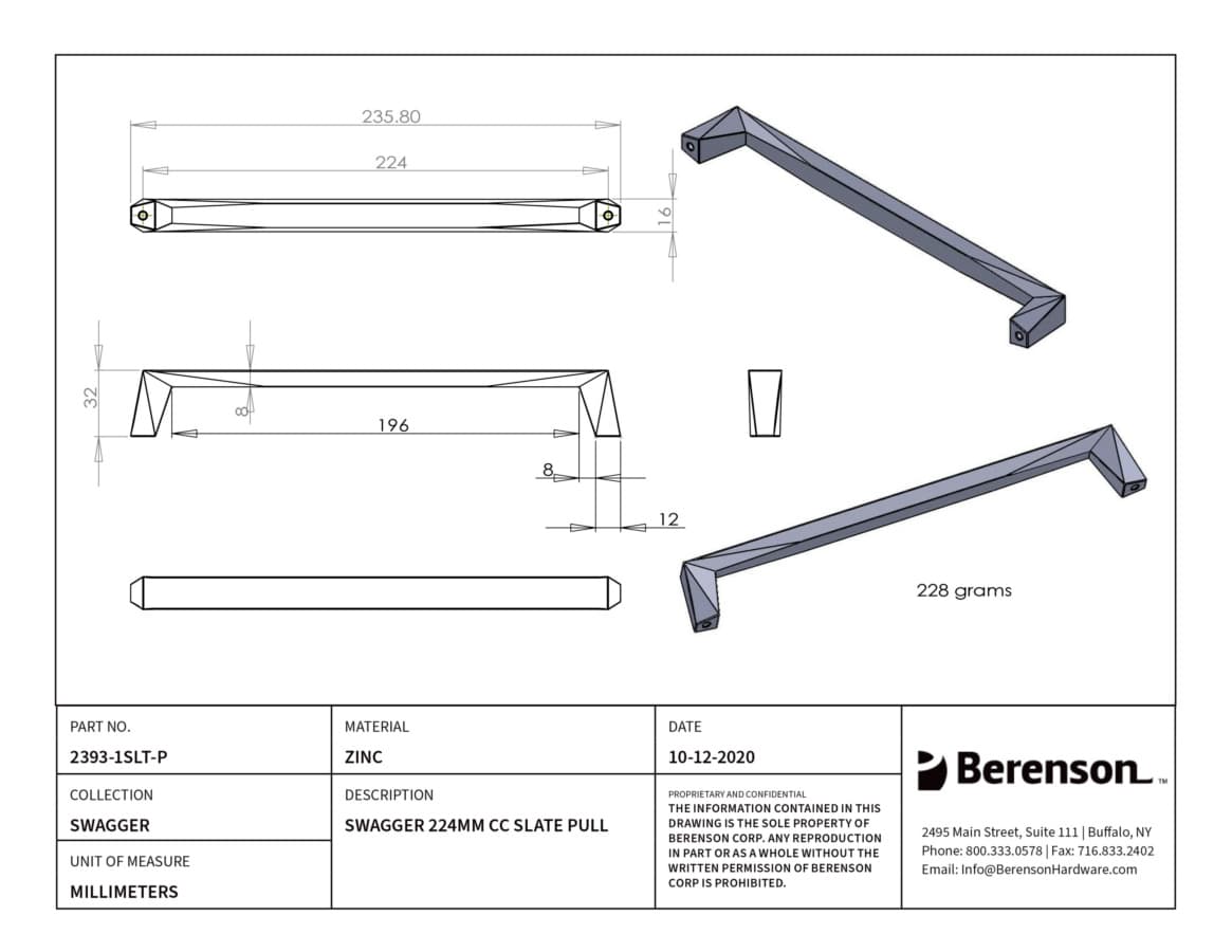 224mm Swagger Decorative Bar Pull, Slate
