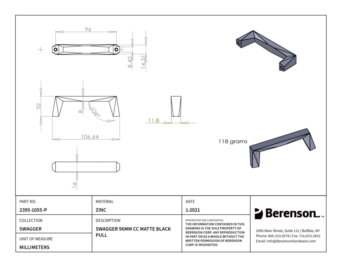 Berenson Swagger 3-3/4" (96 mm) Center to Center Matte Black Pull, 2395-1055-P