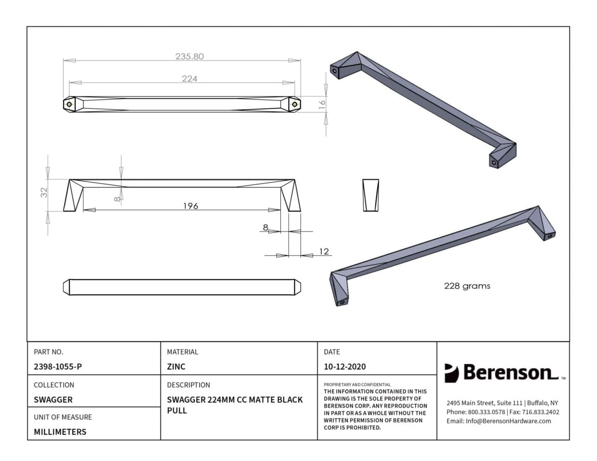 224mm Swagger Decorative Bar Pull, Matte Black