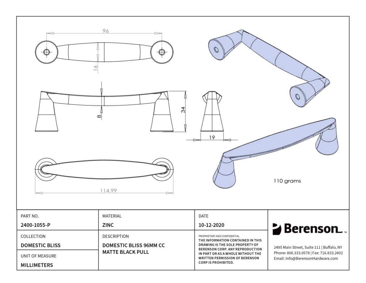 Berenson Domestic Bliss 3-3/4" (96 mm) Center to Center Matte Black Pull, 2400-1055-P