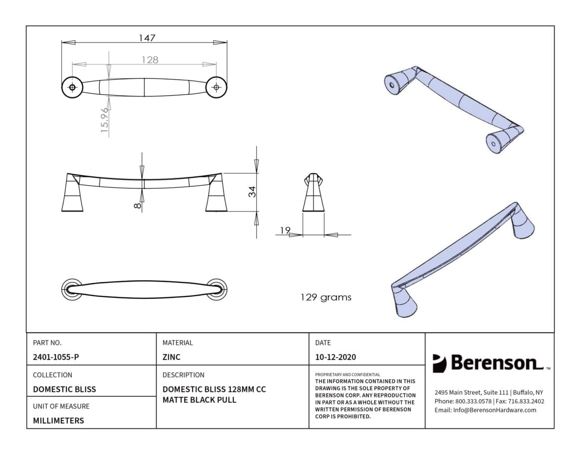 Berenson Domestic Bliss 5-1/16" (128 mm) Center to Center Matte Black Pull, 2401-1055-P