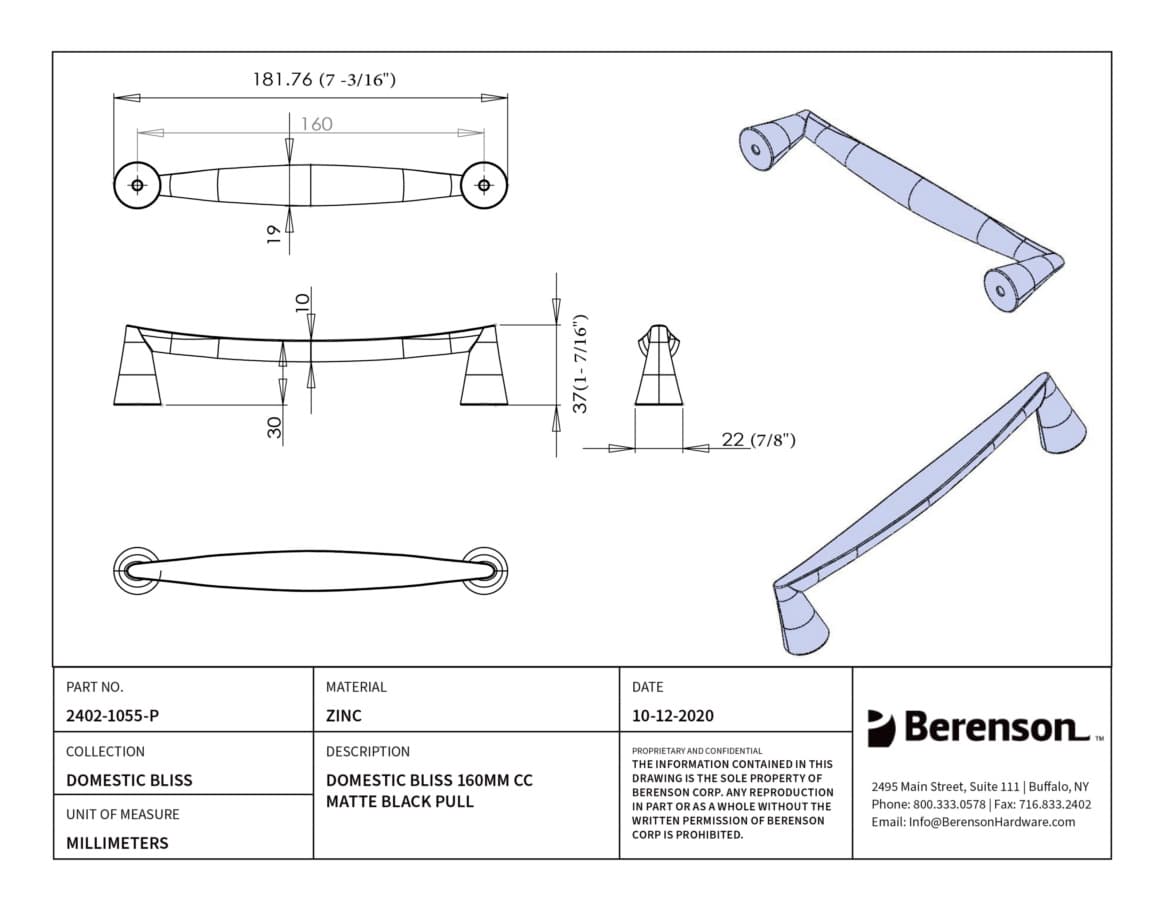 Berenson Domestic Bliss 6-5/16" (160 mm) Center to Center Matte Black Pull, 2402-1055-P