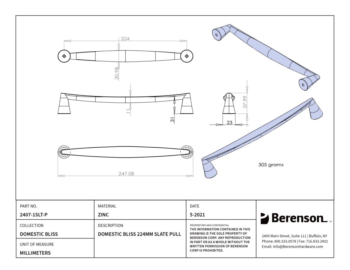 Berenson Domestic Bliss 8-13/16" (224 mm) Center to Center Slate Pull, 2407-1SLT-P