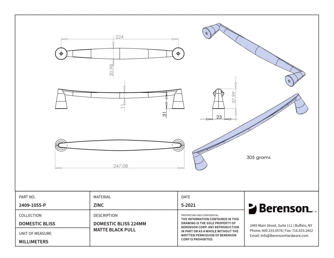 Berenson Domestic Bliss 8-13/16" (224 mm) Center to Center Matte Black Pull, 2409-1055-P