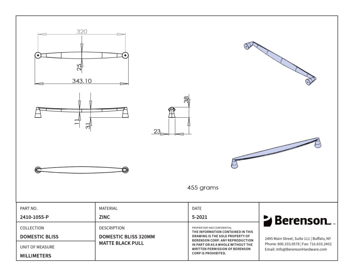 Berenson Domestic Bliss 12-5/8" (320 mm) Center to Center Matte Black Pull, 2410-1055-P