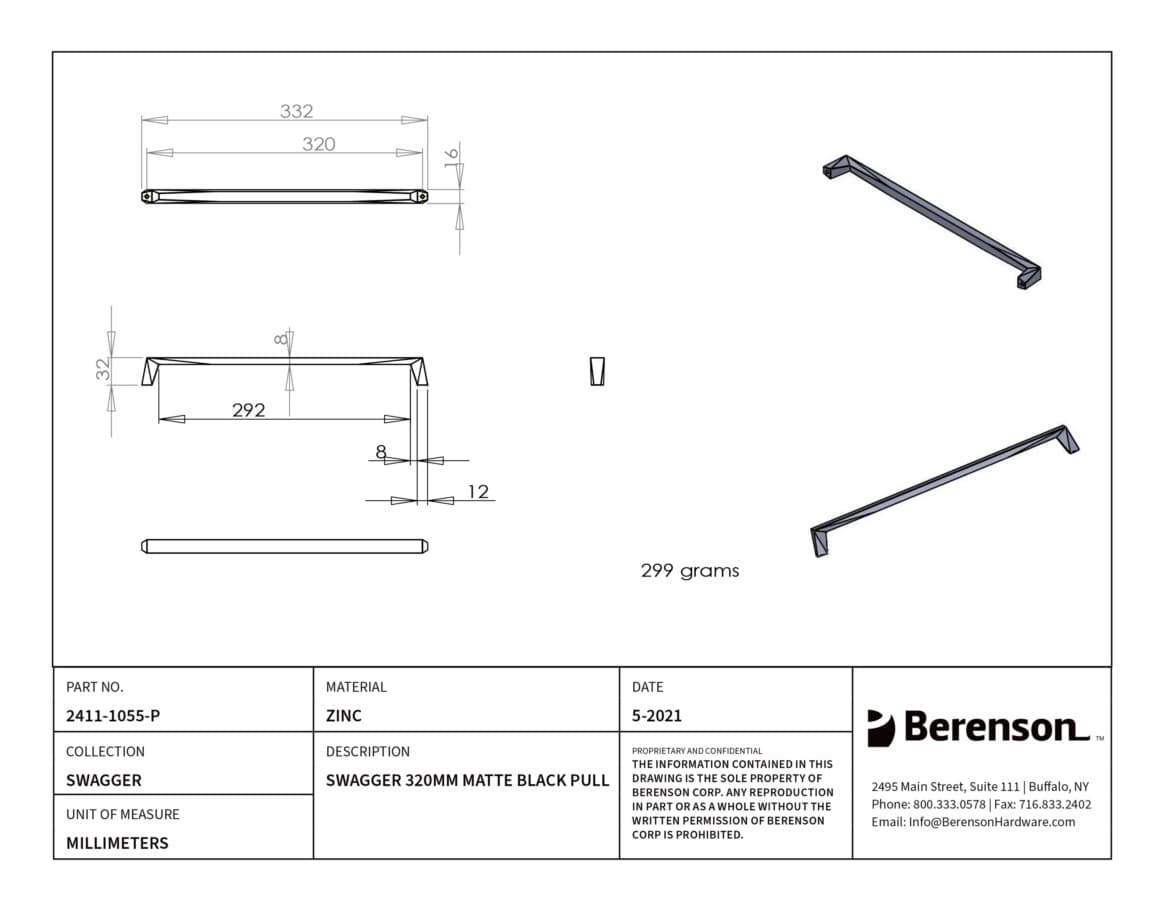 Berenson Swagger 12-5/8" (320 mm) Center to Center Matte Black Pull, 2411-1055-P