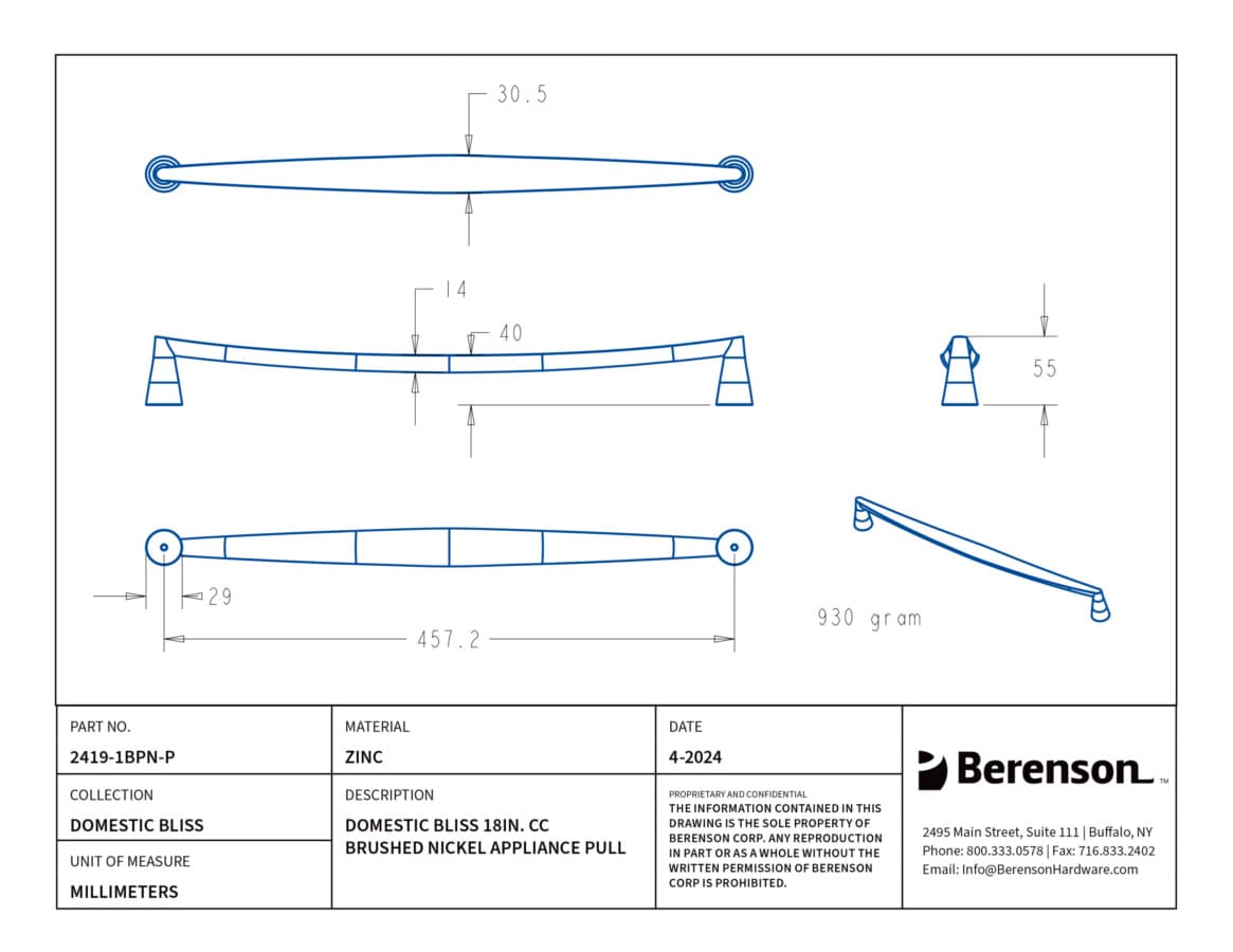 Berenson Domestic Bliss Series Brushed Nickel 18" (457 mm) Center to Center Appliance Pull, 2419-1BPN-P