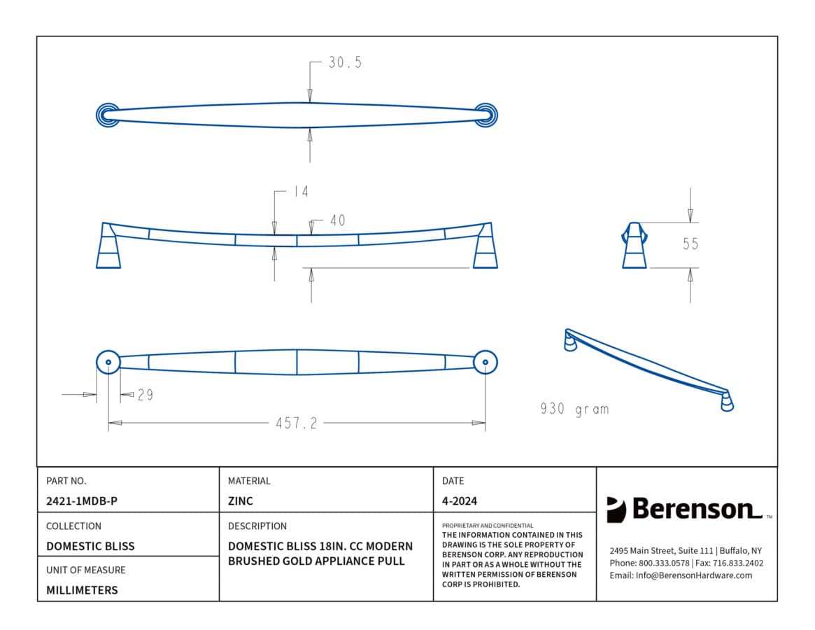 Berenson Domestic Bliss Series Modern Brushed Gold 18" (457 mm) Center to Center Appliance Pull, 2421-1MDB-P