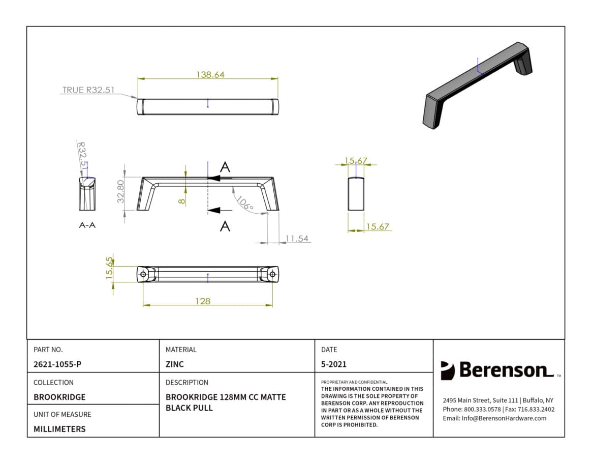 Berenson Brookridge 5-1/16" (128 mm) Center to Center Matte Black Pull, 2621-1055-P