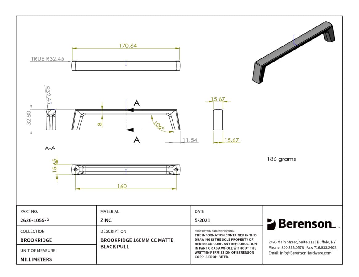 Berenson Brookridge 6-5/16" (160 mm) Center to Center Matte Black Pull, 2626-1055-P
