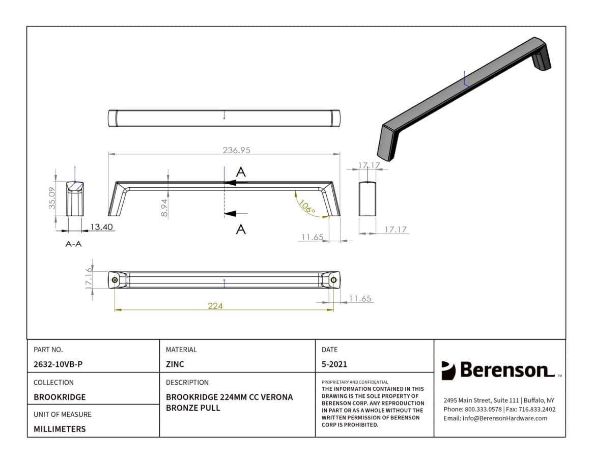 Berenson Brookridge 8-13/16" (224 mm) Center to Center Verona Bronze Pull, 2632-10VB-P