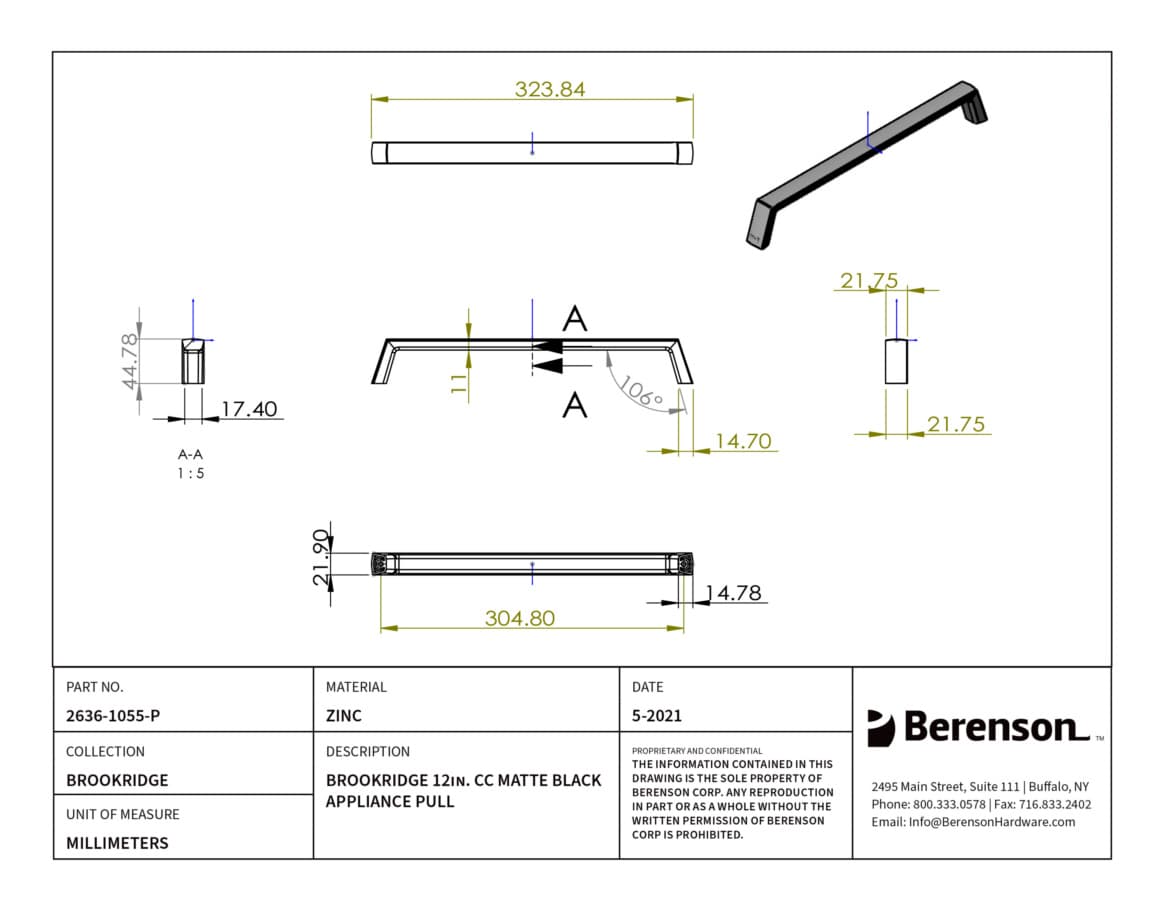 Berenson Brookridge Matte Black 12" (305 mm) Center to Center Appliance Pull, 2636-1055-P