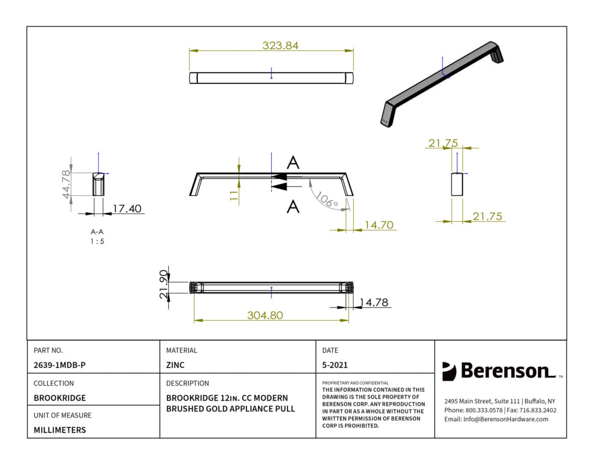 Berenson Brookridge Modern Brushed Gold 12" (305 mm) Center to Center Appliance Pull, 2639-1MDB-P