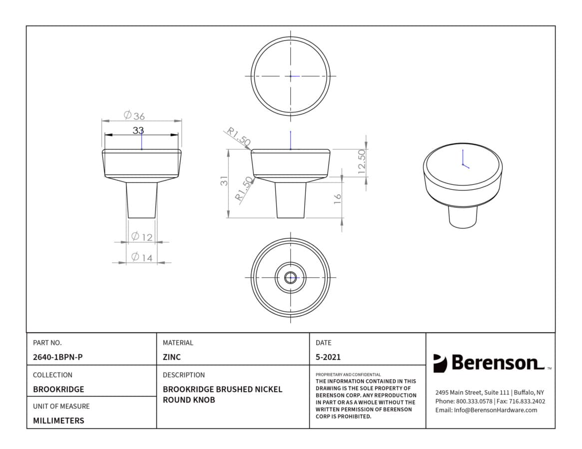 Berenson Brookridge Brushed Nickel 1-9/32" (32.5 mm) Diameter Knob, 2640-1BPN-P