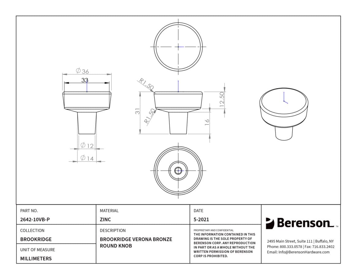 Berenson Brookridge Verona Bronze 1-9/32" (32.5 mm) Diameter Knob, 2642-10VB-P