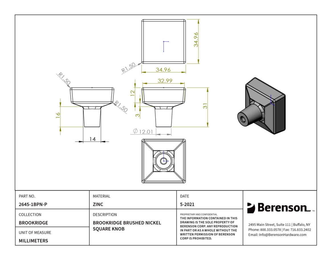 Berenson Brookridge Brushed Nickel 1-3/8" (35 mm) L x 1-3/8" (35 mm) W Knob, 2645-1BPN-P