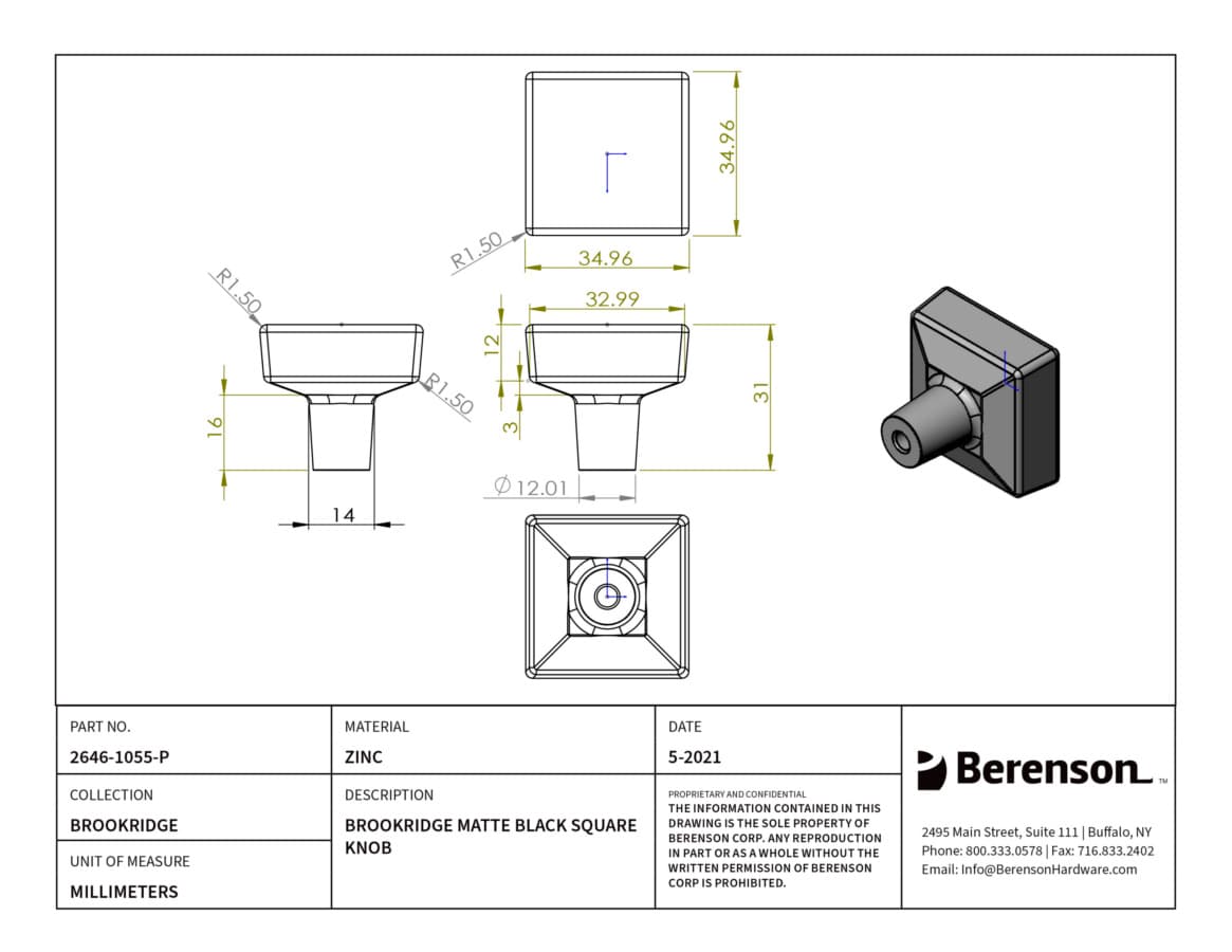 Berenson Brookridge Matte Black 1-3/8" (35 mm) L x 1-3/8" (35 mm) W Knob, 2646-1055-P