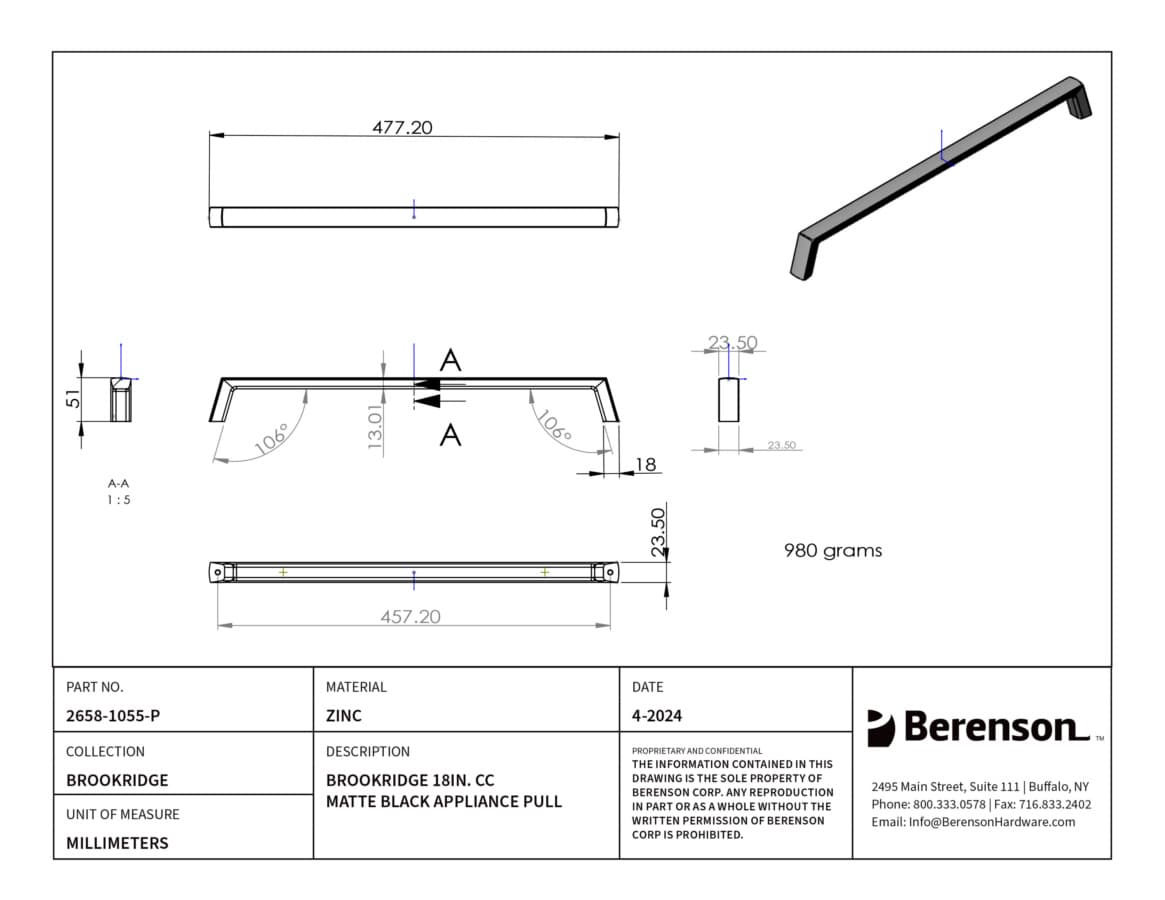 Berenson Brookridge Series Matte Black 18" (457 mm) Center to Center Appliance Pull, 2658-1055-P