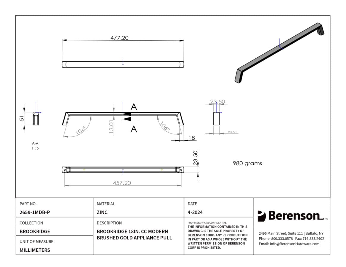 Berenson Brookridge Series Modern Brushed Gold 18" (457 mm) Center to Center Appliance Pull, 2659-1MDB-P