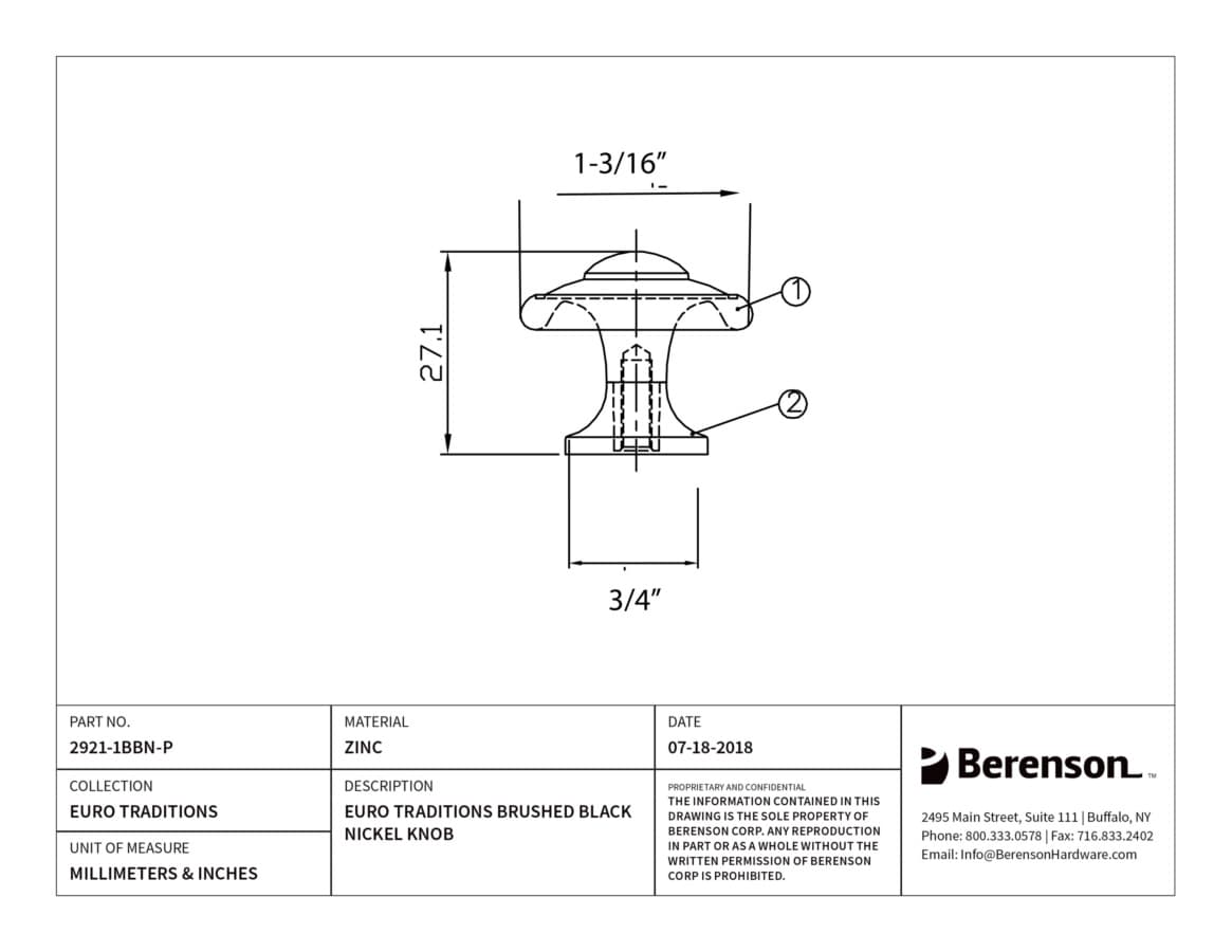 Berenson Euro Traditions Brushed Black Nickel 1-3/16" (30 mm) Diameter Knob, 2921-1BBN-P