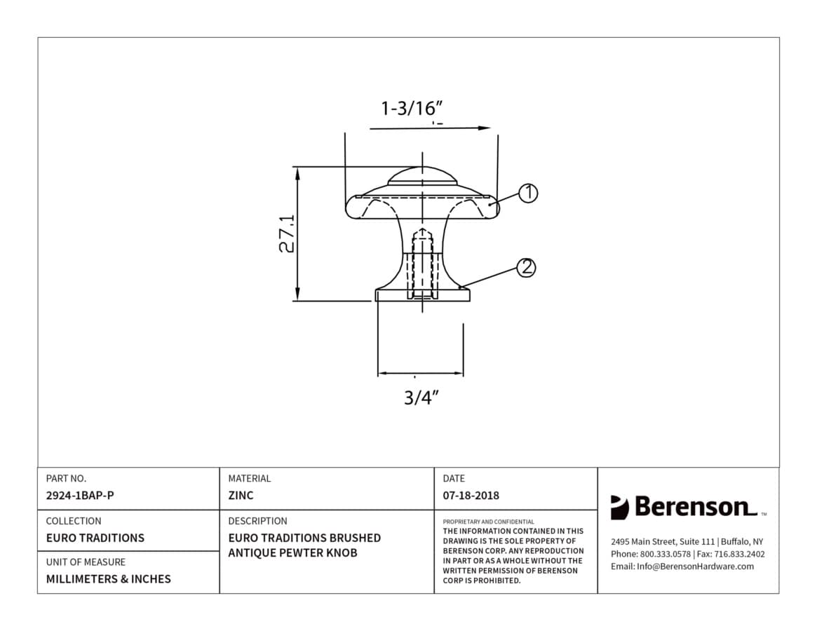 Berenson Euro Traditions Brushed Antique Pewter 1-3/16" (30 mm) Diameter Knob, 2924-1BAP-P